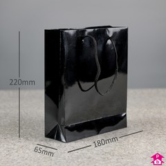 Black Gift Carrier Bag - Small (Glossy) (180mm wide x 65mm gusset x 220mm high, 150gsm)