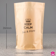 Brown Biopaper 'Keep Calm' Stand-Up Pouch (1.3 - 1.4 litre) (190mm wide x 260mm high, with 100mm bottom gusset. 1300-1400ml volume.)