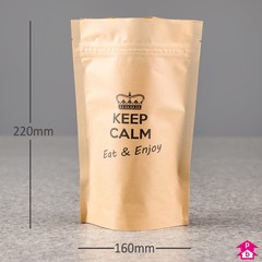 Brown Biopaper 'Keep Calm' Stand-Up Pouch (700 - 900ml) (160mm wide x 220mm high, with 90mm bottom gusset. 700-900ml volume.)