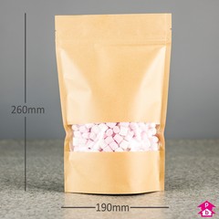 Brown Paper Stand-Up Pouch with Window (1.3 - 1.4 litre) (190mm wide x 260mm high, with 100mm bottom gusset. 1300-1400ml volume.)