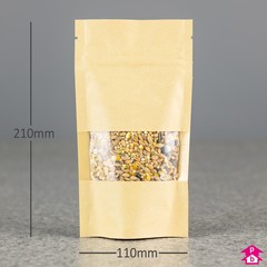 Brown Paper Stand-Up Pouch with Window (200 - 250ml) (110mm wide x 210mm high, with 70mm bottom gusset. 200-250ml volume.)