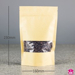 Brown Paper Stand-Up Pouch with Window (700 - 900ml) - 160mm wide x 230mm high, with 90mm bottom gusset. 700-900ml volume.