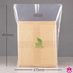 Clear Biodegradable Carrier Bag (with printed leaf logo) (375mm wide x 450mm high x 47.5 micron thickness, with 75mm bottom gusset)