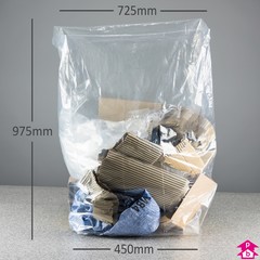 Clear Refuse Sack - Extra Long - 450mm opening to 725mm wide x 975mm long, 40 micron thickness. (Approx 90 litres)