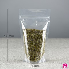 Clear Stand-Up Pouch (500ml) - 130mm wide x 230mm high, with 80mm bottom gusset. Approx 500ml volume.