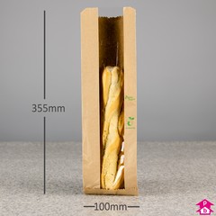 Compostable Film Front Bag with Gusset - Baguette (100mm (plus 50mm gusset) x 355mm long (Baguette size))