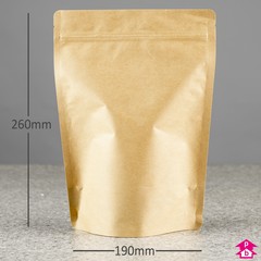 Compostable Paper Stand-Up Pouch (1.3 - 1.4 litre) - 190mm wide x 260mm high, with 110mm bottom gusset. 1.3 - 1.4 litre volume.
