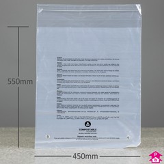 Compostable Peel and Seal Garment Bag - Perforated + PWN - Coat (450mm wide x 550mm long, 18 micron thickness (Coat size))