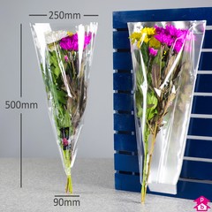 Flower Sleeve - Clear Film - 250mm wide (top) x 90mm wide (bottom) x 500mm high, 25 micron thickness
