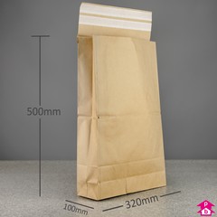 Paper Mailing Bag with Gusset and Double Sealing Strip - Extra Large (320mm wide with 100mm gusset x 500mm long, 100 gsm)
