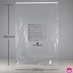 Peel and Seal Safety Polybag - Biodegradable + Perforated + PWN - Extra Large (600mm wide x 860mm long, 40 micron thickness)