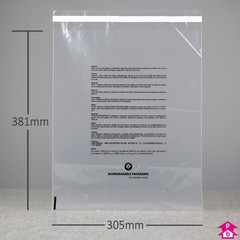 Peel and Seal Safety Polybag - Biodegradable + Perforated + PWN - Large (305mm wide x 381mm long, 40 micron thickness)