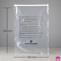 Peel and Seal Safety Polybag - Biodegradable + Perforated + PWN - Large (381mm wide x 508mm long, 40 micron thickness)