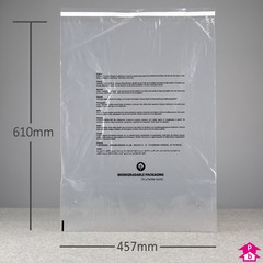 Peel and Seal Safety Polybag - Biodegradable + Perforated + PWN - Large (457mm wide x 610mm long, 40 micron thickness)