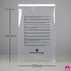 Peel and Seal Safety Polybag - Biodegradable + Perforated + PWN - Medium (230mm wide x 325mm long, 40 micron thickness)