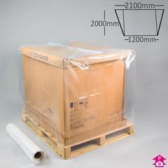Shrink Pallet Cover on Roll (1200mm wide (opening up to 2100mm wide) x 2000mm high, 75 micron thickness. 25 per roll.)