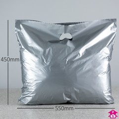 Silver Carrier Bag - Large - 550mm wide x 450mm high x 55 micron thickness, 75mm bottom gusset