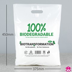 White Biodegradable Carrier Bag (with '100% Biodegradable' design) - 30% Recycled (375mm wide x 450mm high x 50 micron thickness, with 90mm bottom gusset)