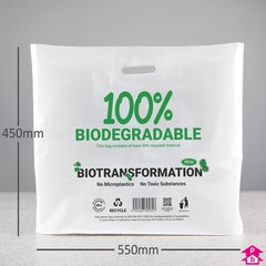 White Biodegradable Carrier Bag (with '100% Biodegradable' design) - 30% Recycled (550mm wide x 450mm high x 50 micron thickness, with 100mm bottom gusset)