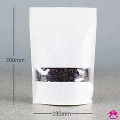 White Paper Stand-Up Pouch with Window (1.3 - 1.4 litre) (190mm wide x 260mm high, with 100mm bottom gusset. 1300-1400ml volume.)