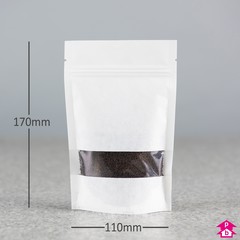 White Paper Stand-Up Pouch with Window (200 - 250ml) (110mm wide x 170mm high, with 70mm bottom gusset. 200-250ml volume.)