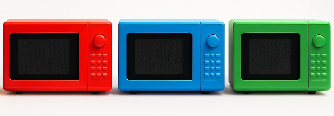 A row of microwaves in bold red, blue and green