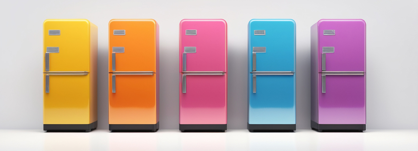 Row of coloured refrigerators - perfect for Polybags' fridge-safe packaging
