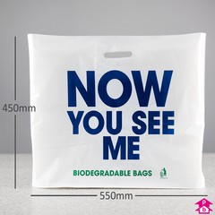 Biodegradable Carrier Bag (with 'Soon you won't see me' design) (550mm wide x 450mm high x 47.5 micron thickness, with 100mm bottom gusset)