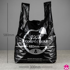 Black Compostable Vest Carrier - Maxi - 300mm/480mm wide x 580mm length, 30 micron thickness