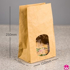 Brown Paper Sandwich Bag with Window - 150mm wide x 100mm gusset x 250mm height