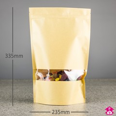 Brown Paper Stand-Up Pouch with Window (2.8 - 3.3 litre) - 235mm wide x 335mm high, with 110mm bottom gusset. 2800-3300ml volume.
