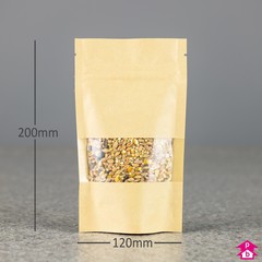 Brown Paper Stand-Up Pouch with Window (325 - 360ml) - 120mm wide x 200mm high, with 80mm bottom gusset. 325-360ml volume.