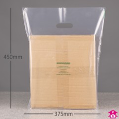 Clear Biodegradable Carrier Bag - 30% Recycled (375mm wide x 450mm high x 50 micron thickness, with 90mm bottom gusset)
