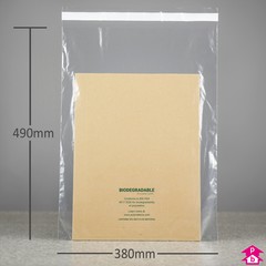 Clear Biodegradable Mailing Bag (30% Recycled) (380mm wide x 490mm long x 40 micron thickness)
