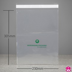 Clear Biodegradable Mailing Bag (230mm wide x 305mm long x 50 micron thickness)