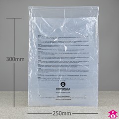 Compostable Peel and Seal Garment Bag - Perforated + PWN - T-Shirt - 250mm wide x 300mm long, 18 micron thickness (T-Shirt size)