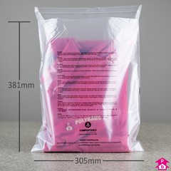 Compostable Peel and Seal Safety Bag - Perforated + PWN - Large - 305mm wide x 381mm long, 40 micron thickness (Large)