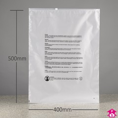 Frosted Zip Slider Safety Bag + PWN - Large (Coats) - 400mm x 500mm (15.75" x 19.75") , 70 micron (280 gauge)