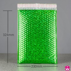 Green C4+ Holographic Bubble Mailing Bag - Internal size 230mm wide x 324mm long (C4 for A4), 190gsm thick