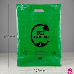 Green Compostable Carrier Bag - Medium - 375mm wide x 450mm high x 60 micron thickness, with 90mm bottom gusset