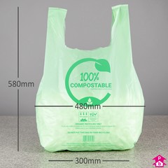 Green Compostable Vest Carrier - Maxi (300mm/480mm wide x 580mm length, 28 micron thickness)
