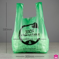 Green Compostable Vest Carrier - Maxi (300mm/480mm wide x 580mm length, 30 micron thickness)