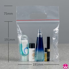 Grip Seal Carrier Bag - Airport Compliant (30% Recycled) - 191mm x 191mm (7.5" x 7.5") + 75mm (3") handle x 50 micron (200 gauge) (Airport Compliant)