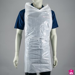 High-Neck Apron with ties - White - 700mm wide skirt (310mm at neck) x 1170mm long. 16 micron thickness.