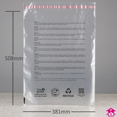 I'm Green Peel and Seal Safety Polybag - Perforated + PWN - Large - 381mm wide x 508mm long, 40 micron thickness