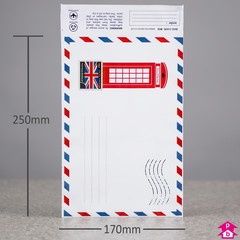 Mailing Bag with 2-side Retro Phonebox/Airmail Design - 170mm wide x 250mm long + adhesive lip (Small, C5+)  50 microns