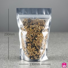 Metallised Stand-Up Pouch (500ml) - 130mm wide x 230mm high, with 80mm bottom gusset. Approx 500ml volume.