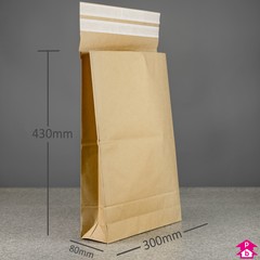 Paper Mailing Bag with Gusset and Double Sealing Strip - Large (300mm wide with 80mm gusset x 430mm long, 100 gsm)