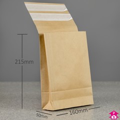 Paper Mailing Bag with Gusset and Double Sealing Strip - Small - 160mm wide with 50mm gusset x 215mm long, 100 gsm