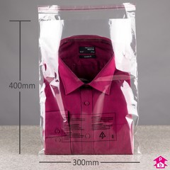 Retail Display Bag - Shirt - 300mm x 400mm + 40mm lip  40mu